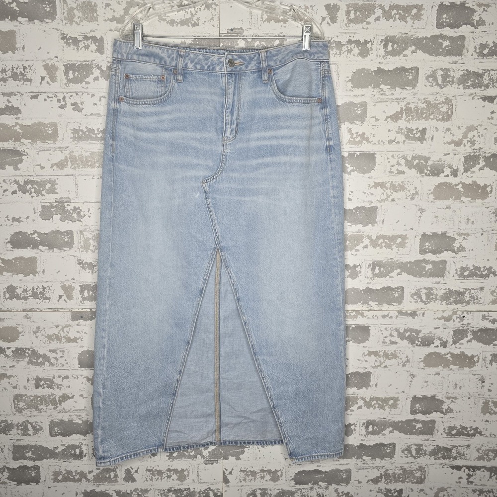 American Eagle Womens Low Rise Maxi Skirt Light Wash Denim Jean Zip Fly Size 12